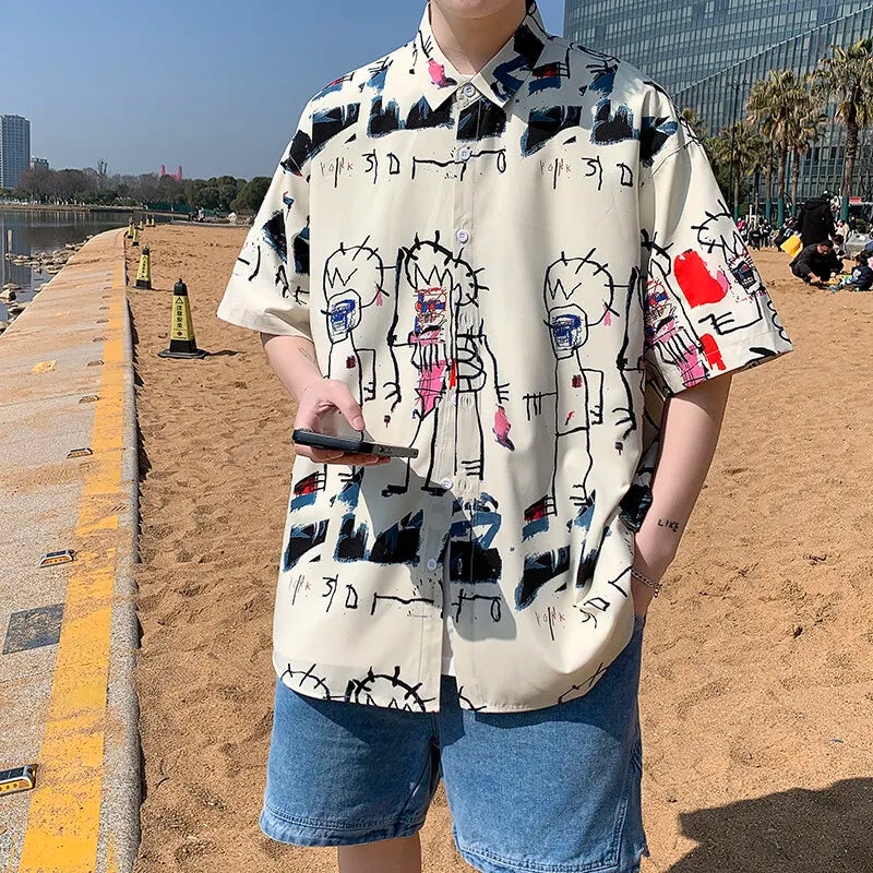 2026 Summer Men's White Short Sleeve Printed Shirt, Beach Vacation Shirts, White Black Gray Green Blue Loose Top, 2025 New