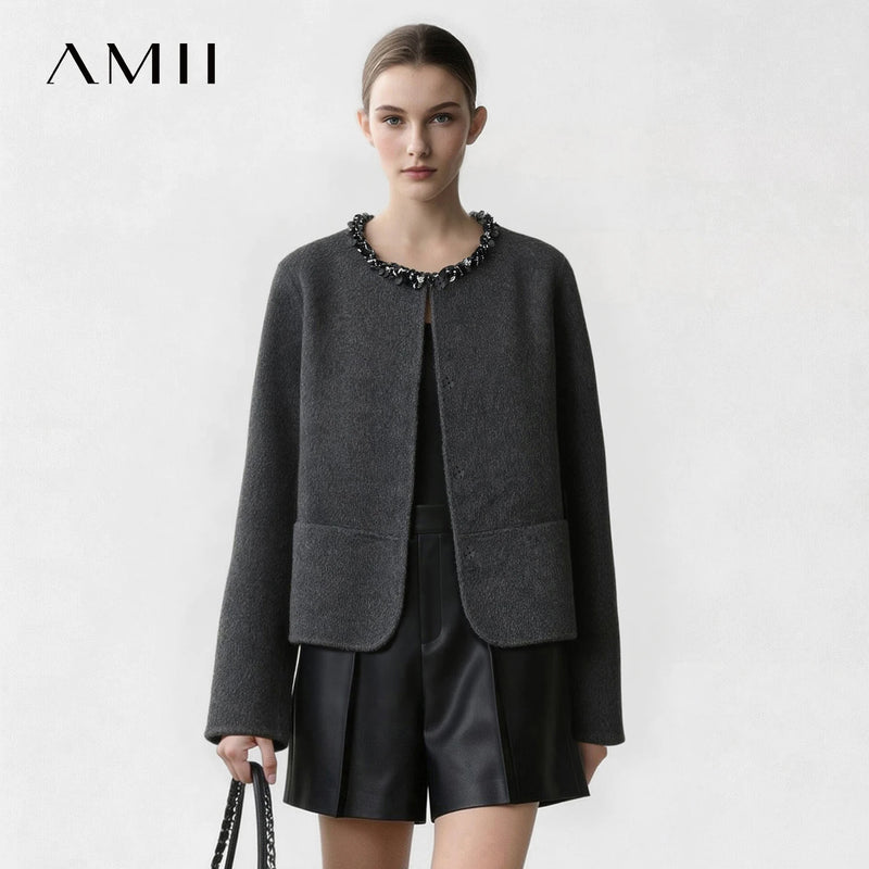 Amii Women's Tweed Coat Double-Faced Wool Crew Neck Relaxed Fit Commuter Minimalist Winter 2026 Coats for Women 12624041