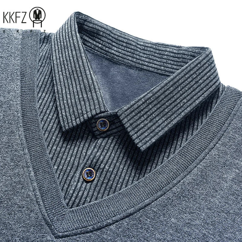 Cold Weather Mens Fake Waistcoat Sweater Soft Fleece Lining Vertical Striped Long Sleeve Collared Knit Workplace Inner Shirt