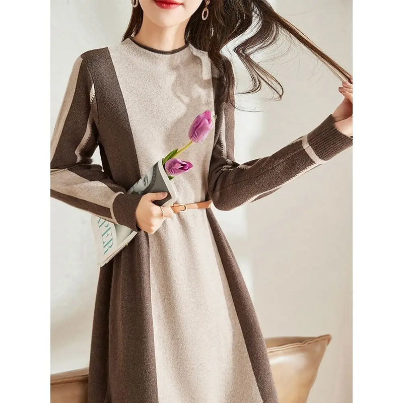Fashion New Ladies Sweater Spring Autumn Woolen Dress Outerwear Pullover Jumper Splicing Color Women‘s Knitwear Pull Tops
