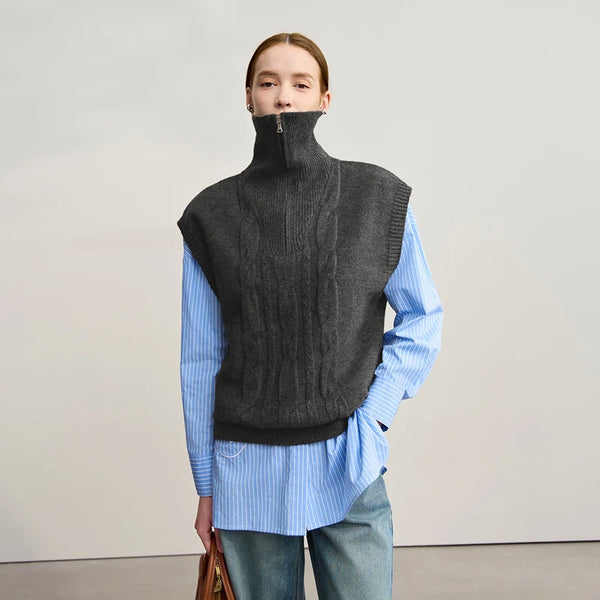 AMII Women's Sweater 2026 Winter New Minimalist Commuter Solid Versatile Loose Pullover Knitted Sleeveless Vest Women 12524121