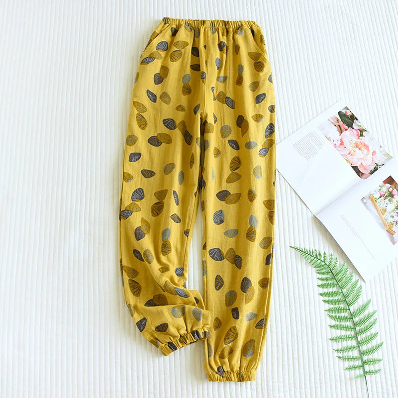 ខោ pajamas កប្បាស 100% បោះពុម្ពសម្រាប់ស្ត្រី ខោរលុងសម្រាប់រដូវផ្ការីករដូវស្លឹកឈើជ្រុះ ខោការពារមូស ខោគេងផ្ទះធម្មតាសម្រាប់ស្ត្រី