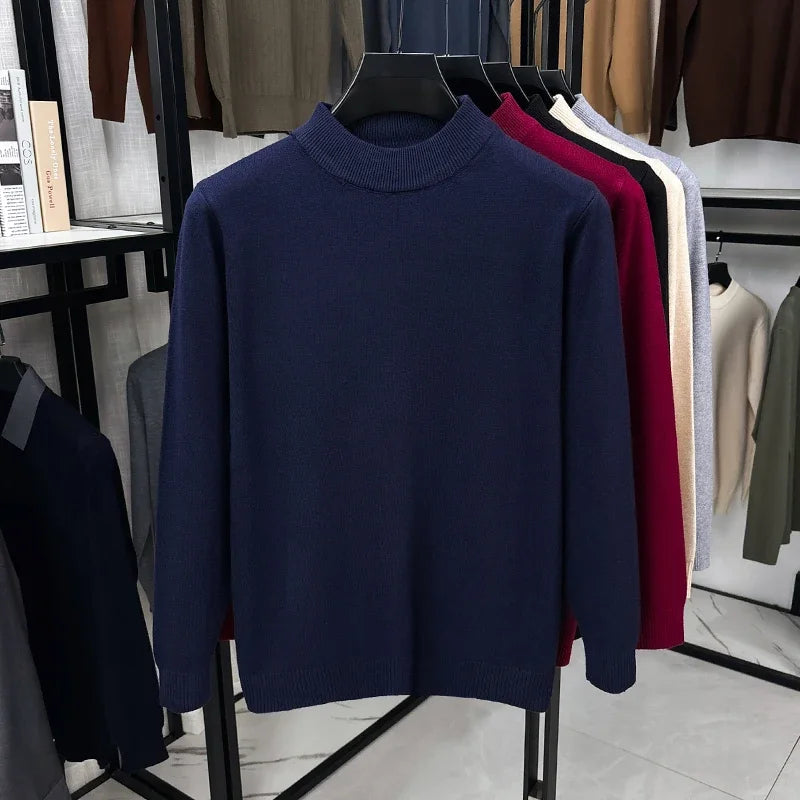 Daily Basic Knit Sweater Men Long Sleeve Mock Neck Rib Collar Autumn Walking Business Casual Pullover