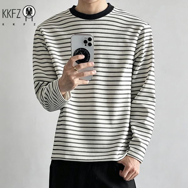 Mens Crew Neck Long Sleeve Knit Tee Horizontal Striped Waffle Pattern Loose Fit For Daily And Casual Occasions