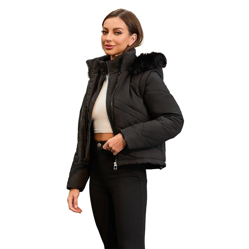 Winter New Women's Faux Two-piece Hooded Thick Coat, Brown Jacket with Detachable Sleeves, Street Style Black Cropped Parkas.