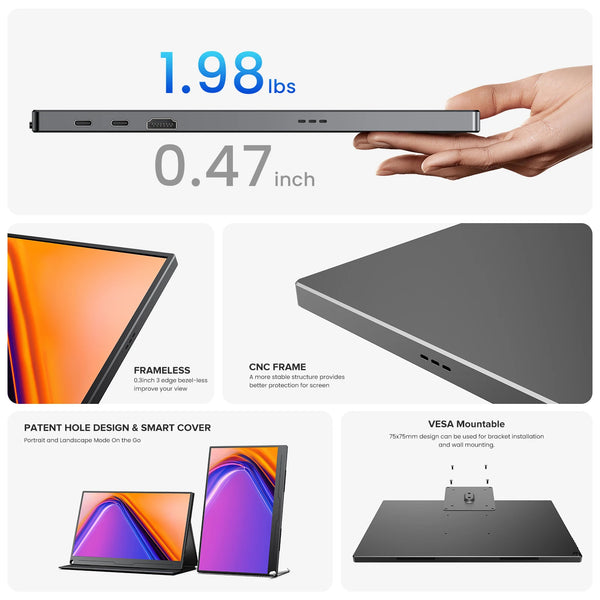 ម៉ូនីទ័រចល័ត Uperfect ទំហំ 15.6 អ៊ីញ 1080P Full HD USB C HDMI សម្រាប់កុំព្យូទ័រយួរដៃ ការិយាល័យ សិស្ស និស្សិត អេក្រង់ IPS 141 PPI ថែរក្សាភ្នែក ថ្មី
