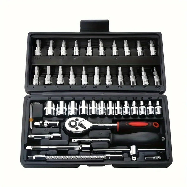 46pcs Toolbox for Car Repair Tool Kit - Including Metric Ratchet, Socket, Wrench Kit For Automotive And Mechanical Repairs.