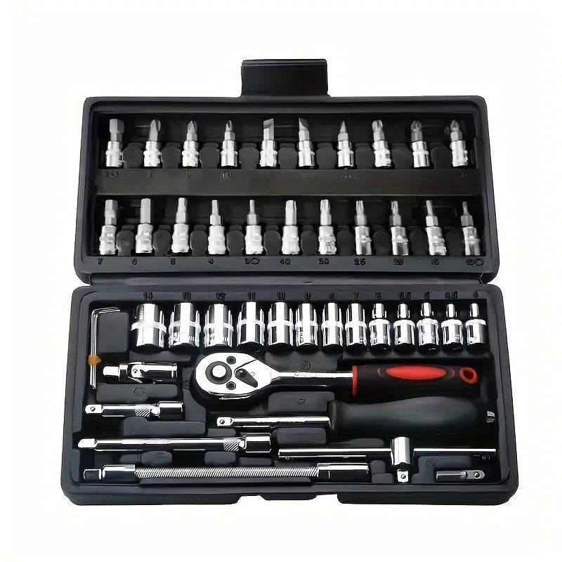 46pcs Toolbox for Car Repair Tool Kit - Including Metric Ratchet, Socket, Wrench Kit For Automotive And Mechanical Repairs.
