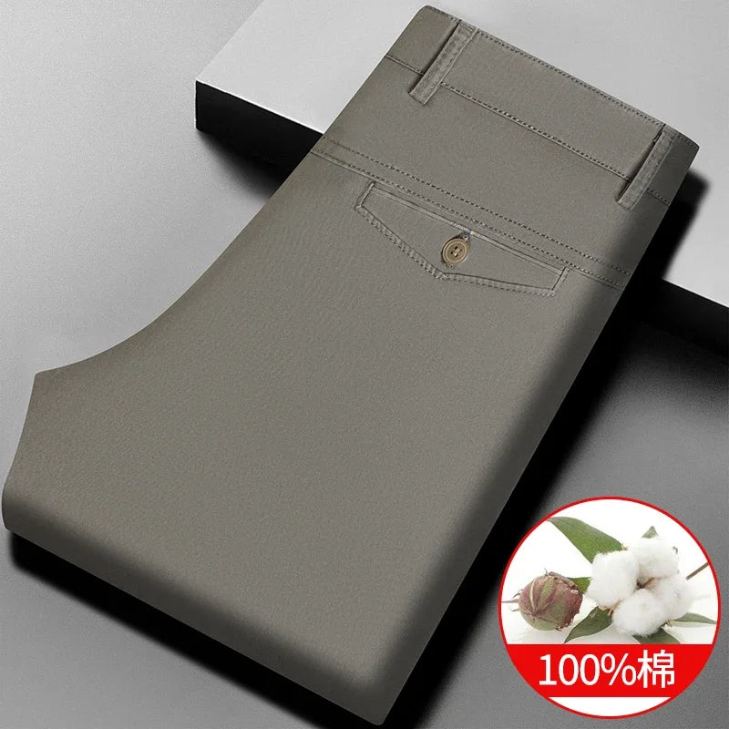Men Cotton Straight Casual Chinos Soft Breathable Twill Fabric Zip Fly Side Slash Pockets Office Daily Commuting Long Bottoms