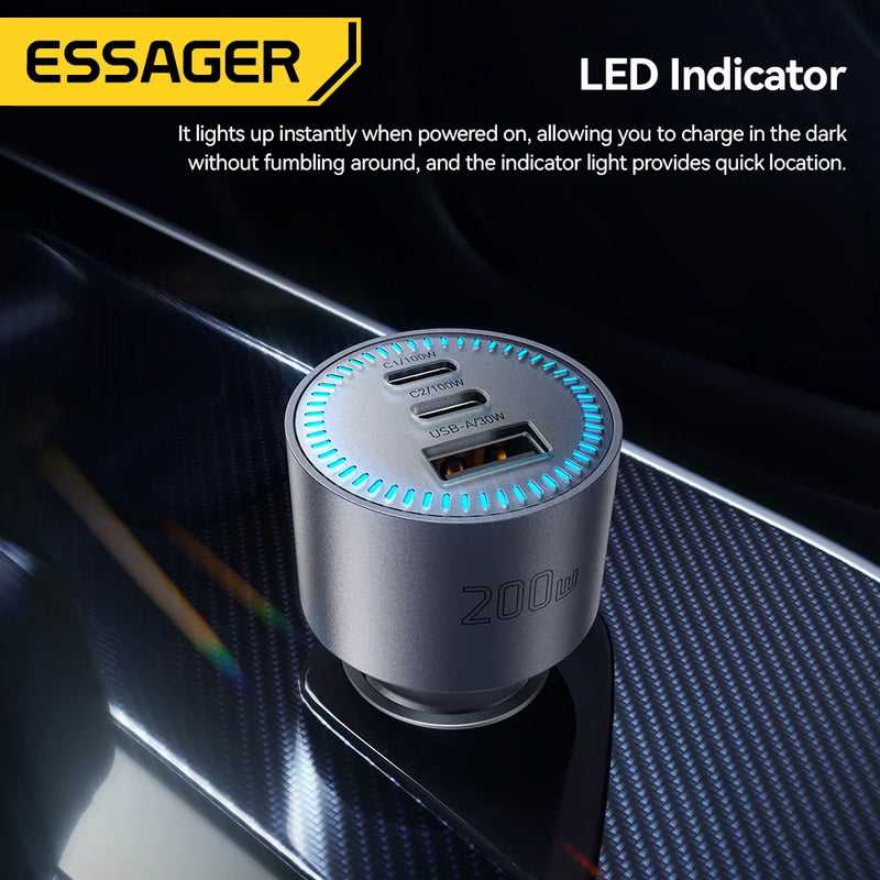 ឆ្នាំងសាករថយន្ត Essager 200W Quick Charge 4.0 PPS PD 100W សាកលឿន USB C ឆ្នាំងសាកទូរស័ព្ទក្នុងរថយន្តសម្រាប់ Macbook iPhone 17 16 Samsung S25