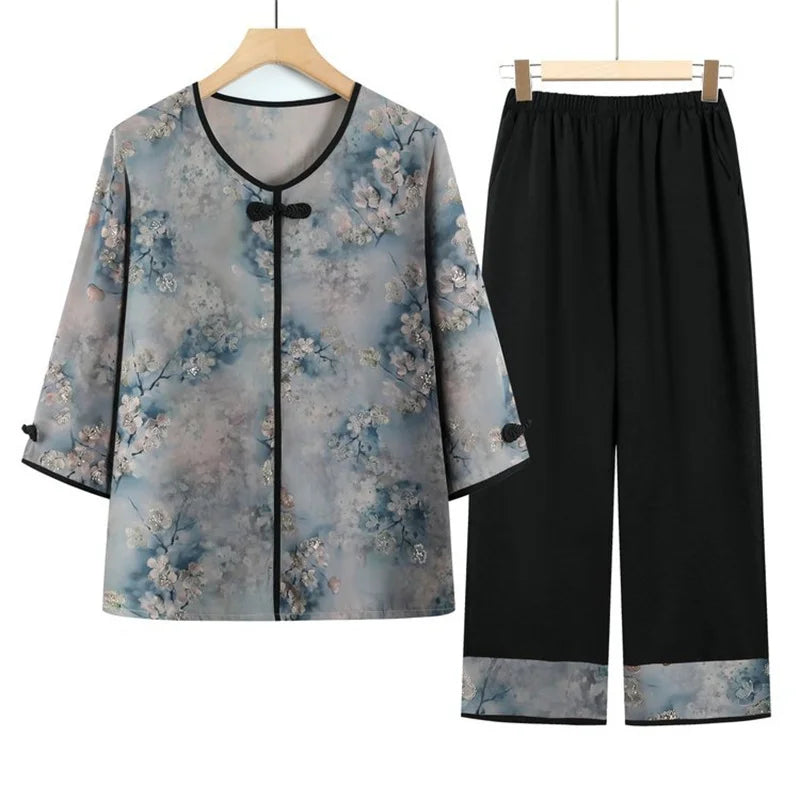 ឈុតគេងកប្បាសប៉ាក់ទំហំ XL-5XL សម្រាប់ស្ត្រីបោះពុម្ពបែបបុរាណ សម្លៀកបំពាក់ម្តាយវ័យកណ្តាល រដូវផ្ការីក រដូវស្លឹកឈើជ្រុះ ធម្មតា សម្រាប់គេងនៅផ្ទះ ឈុតពីរដុំ
