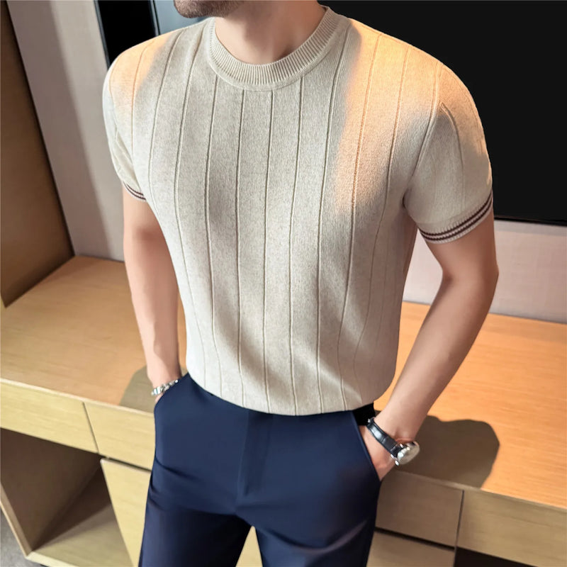 Men's Natural Linen Short Sleeve Knit Shirt - Cool Breathable Ribbed Crew Neck Top with Smooth Texture & Shape Retention