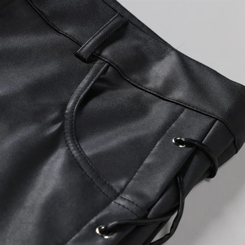 2026 New Men's Black PU Pants, Biker Faux Leather Trousers Red Fashion Casual Pant Lace-up Trim on Left and Right Sides S-5XL