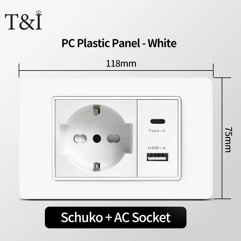 T&I 118  PC plastic panel  socket: USB Type-C, Italian switch , Chilean outlet, very suitable for residential and office spaces