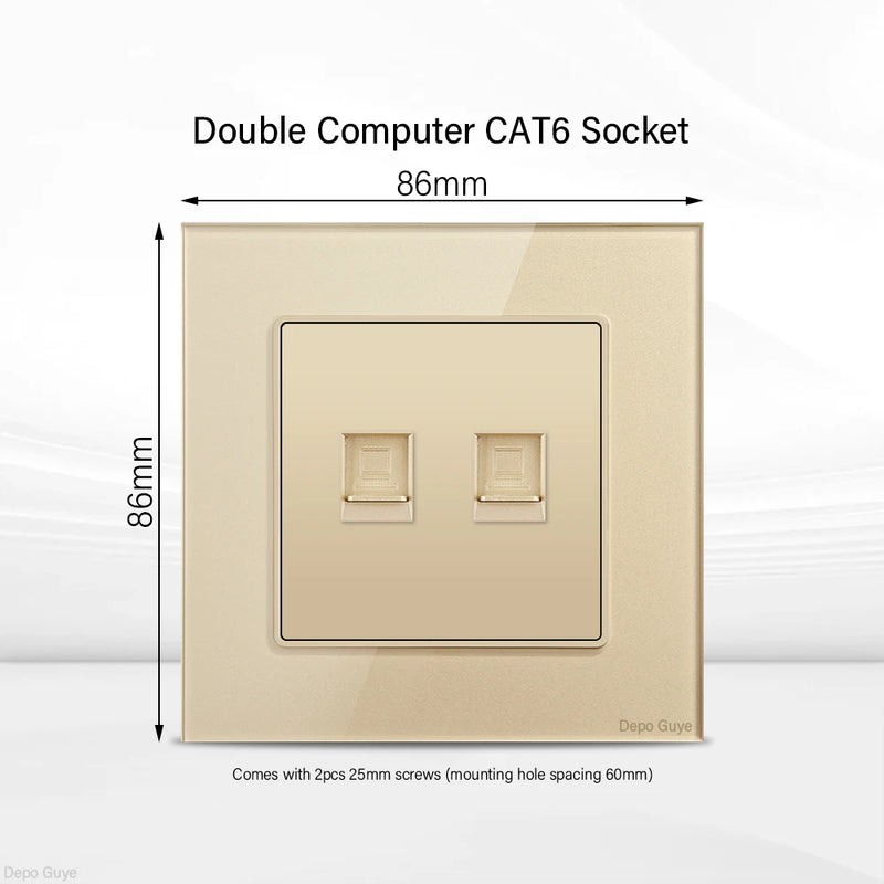 Gold UK 13A Tempered Glass Dual Socket,Universal Power Outlet With USB Type C 18W Quick Charge,Home Light Electric Switch Panel