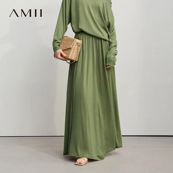 Amii Autumn Minimalist Long Skirt 2026 New Solid Color Loose Skirts For Women Elastic Waist A-Line Knit Female Clothes 12651010