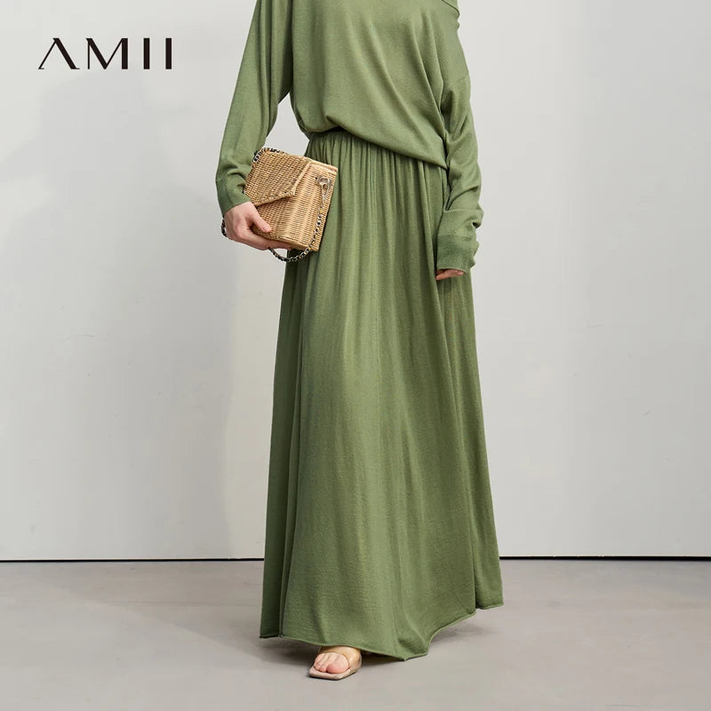 Amii Autumn Minimalist Long Skirt 2026 New Solid Color Loose Skirts For Women Elastic Waist A-Line Knit Female Clothes 12651010
