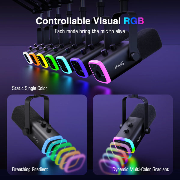 ឈុតមីក្រូហ្វូន FIFINE Dynamic XLR ជាមួយដៃប៊ូមសម្រាប់ Mixer, ឈុតមីក្រូហ្វូនលេងហ្គេម USB ជាមួយ RGB, ការគ្រប់គ្រងកម្រិតសំឡេងសម្រាប់កុំព្យូទ័រ PS5/4 AmpliGame AM8T
