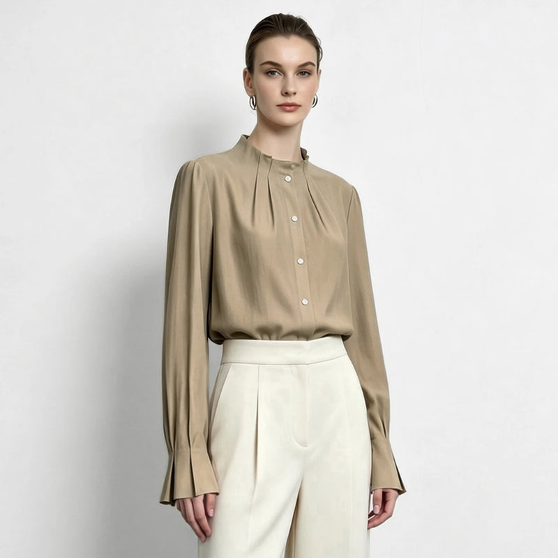 Amii Women's Stand Collar Satin Blouse Flared Sleeve Oversized Long Sleeve Minimalist Shirt Office Casual 2026 Autumn 12643115