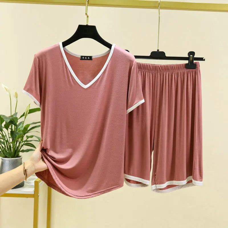 Summer Ensemble Femme 2 Pièces New Modal Short Sleeve Sleepwear Set V Neck T-Shirt Shorts Suit Casual Pajamas Women Nightwear