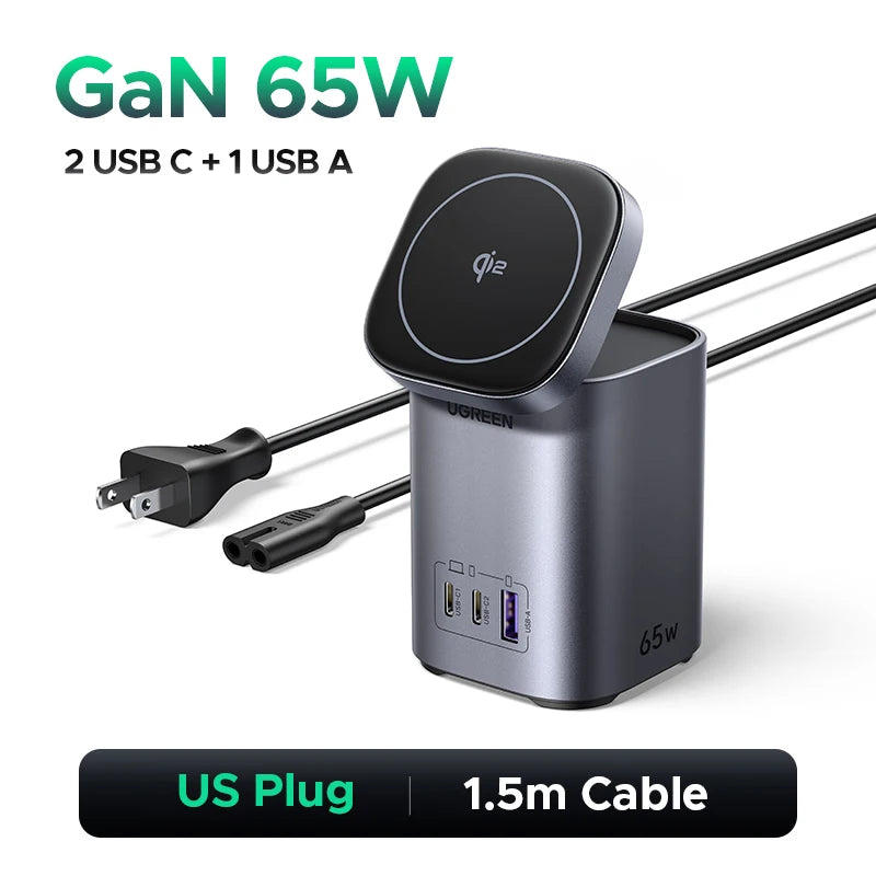 UGREEN GaN 65W Desktop Charger Qi2 15W Magnetic Wireless Charger Stand For Laptop Macbook Air iPhone 18 17 Pro Samsung Xiaomi