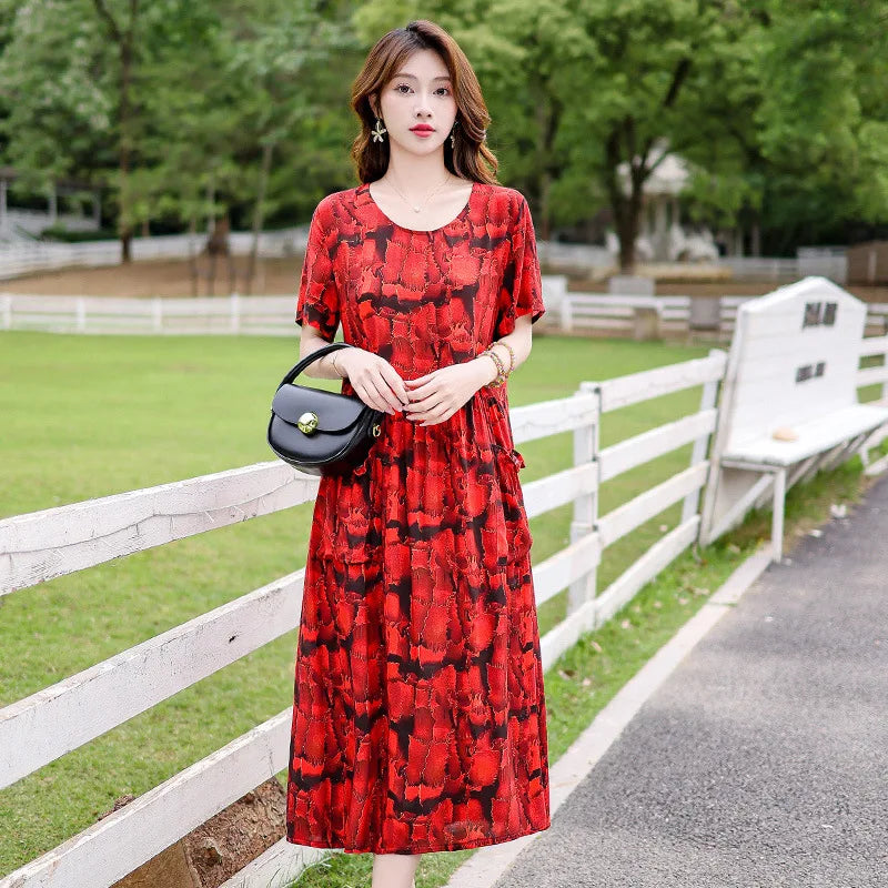 អាវគេងរលុងសម្រាប់នារី XL-5XL រ៉ូបគេងកប្បាសបោះពុម្ពថ្មី អាវគេងនារីដៃខ្លីបែបវីនថេច