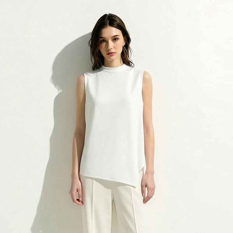 Amii Mock Neck Women's Blouse 2026 Summer New Solid Color Asymmetric Slit Hem Shirt Casual Sleeveless Chiffon Top Women 12642104