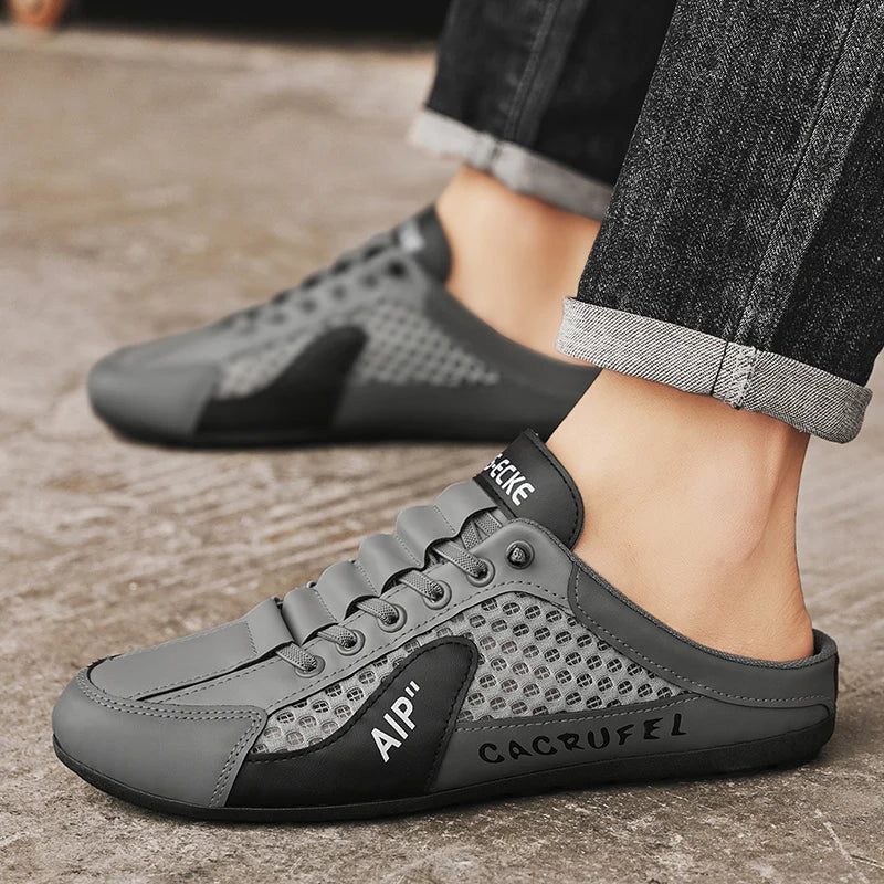 Men's Mules casual slippers summer breathable light soft-sole non-slip outdoor walking shoes fashion mesh comfort semi slippers