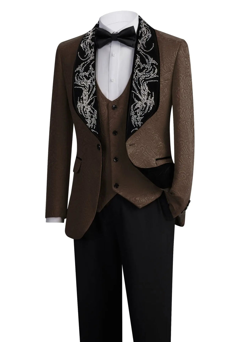 Red Men's Three-piece Suit Set Featuring A Jacquard Jacket and Vest Paired with Pants. Blue, Green, Purple, Pink, and White.