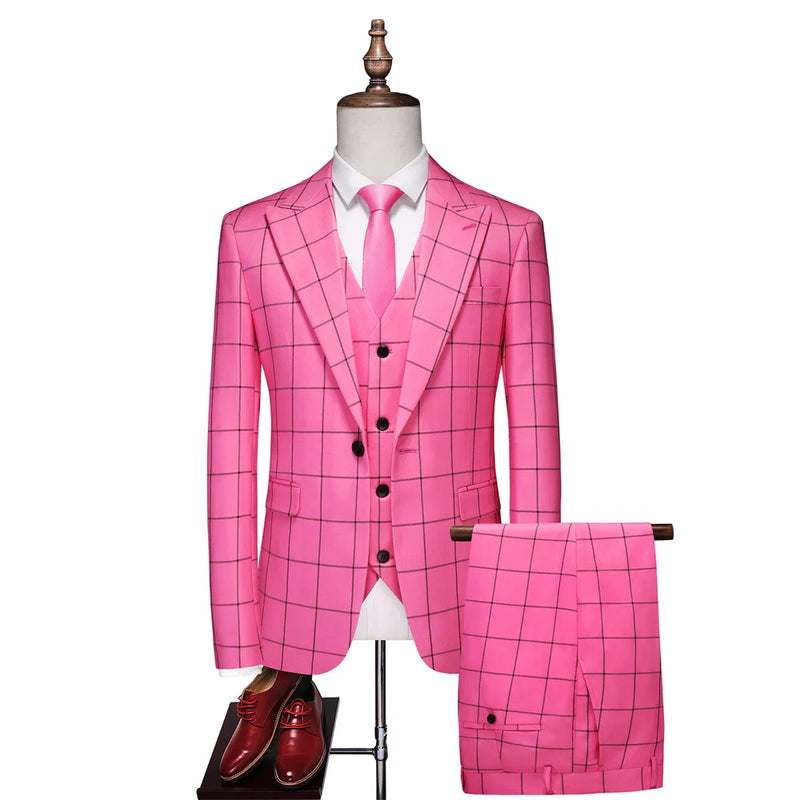 Men's Black-White Striped Plaid Suit 3-Piece, Wedding Party Dress Jacket and Vest with Trousers, Asian Sizes Red Slim Fit Sets.