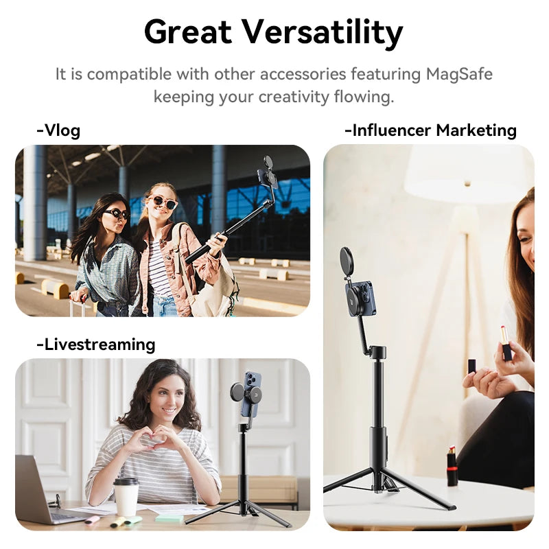 ជើងកាមេរ៉ា Ulanzi MG-002 Max Magnetic Phone Selfie Stick ជាមួយឧបករណ៍បញ្ជាពីចម្ងាយ ជើងកាមេរ៉ា Selfie អាចពង្រីកបាន 1.64 ម៉ែត្រ សម្រាប់ការផ្សាយផ្ទាល់តាមទូរស័ព្ទ iPhone Magsafe