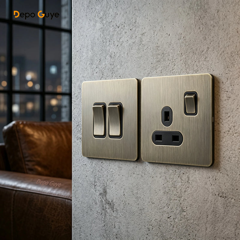 Retro Metal Brushed Antique Stainless Steel Push Button Switch Panel UK 13A Socket with USB Phone Charging for Home Improvement