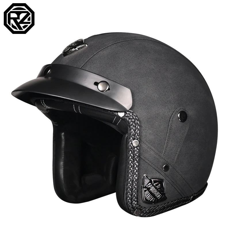 PU leather retro coffee shop racing 3/4 jet exposed motorcycle helmet, adult men's and women's cruiser scooter half helmet