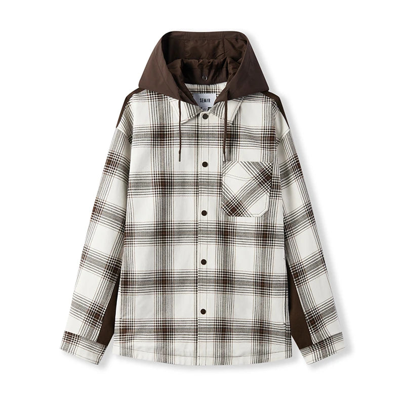 Semir Men Jacket Hooded Detachable Colorblock Plaid Patchwork Casual Outdoor Loose Classic 2026 Autumn Outerwear Daily Wear