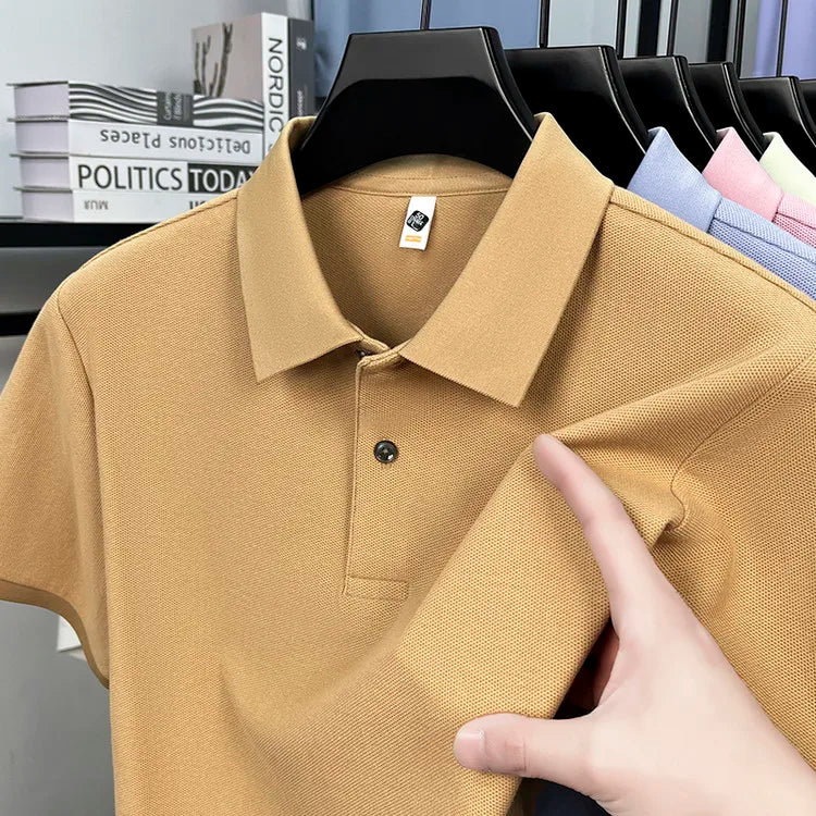 Men 100% Mercerized Cotton Polo Shirt Solid Short Sleeve Casual Business Tops Odor Resistant Premium 205g Summer