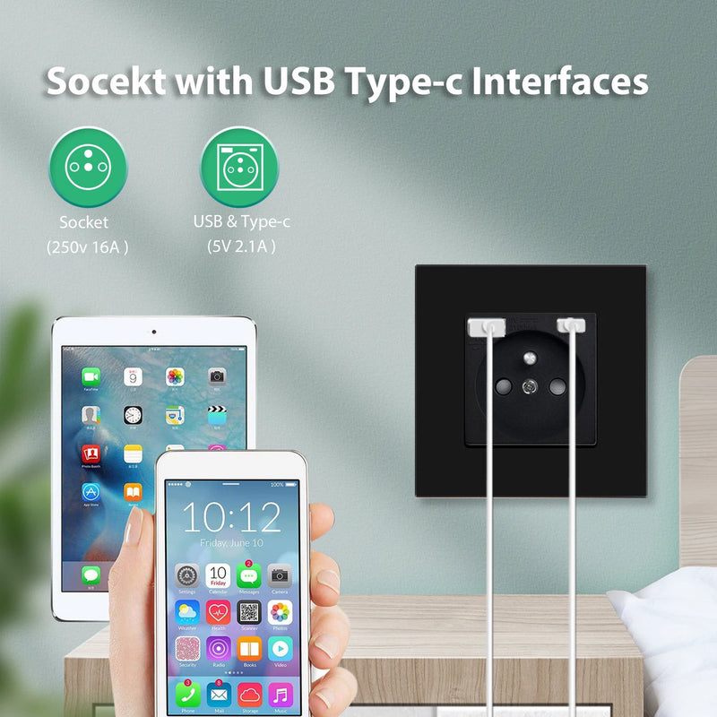 BSEED French Wall Power Socket Dual USB Type-C Charging Interface for Phone/PC Plastic Frame French Electric Outlet 250V