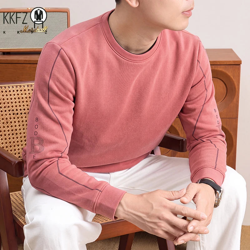 Autumn Leisure Long Sleeve Thermal Shirt Men Round Neck Decorative Sleeve Stitch Elastic Basic Daily Top