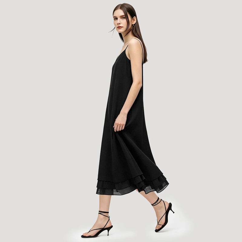Amii Slip Women's Dress 2026 Summer New V Neck Straight Casual Color Block Chiffon Spaghetti Strap Midi Dress For Women 12622101