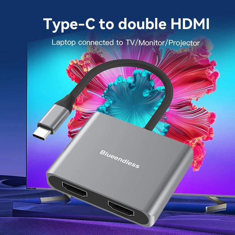 ឧបករណ៍បំបែក USB C Hub ប្រភេទ C ទៅ HDMI ពីរប្រភេទ Blueendless សម្រាប់កុំព្យូទ័រ 4K 60HZ សម្រាប់កុំព្យូទ័រលើតុ ទូរសព្ទ និង MacBook
