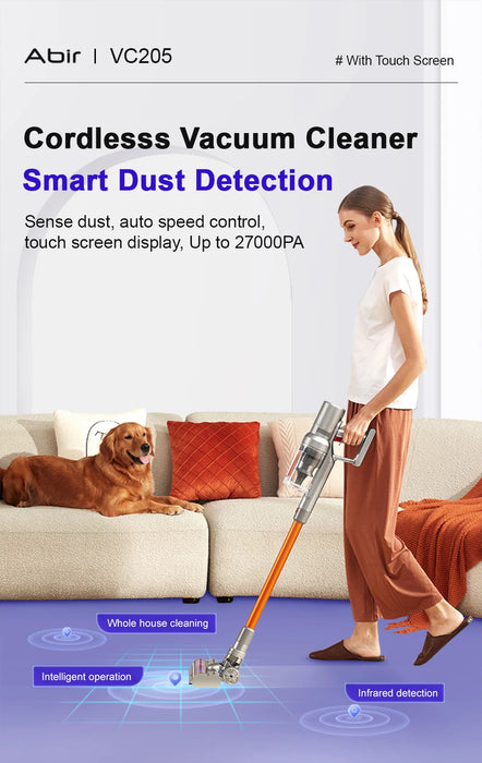 ABIR VC205 Cordless Handheld Vacuum Cleaner,27000PA, Smart Dust Sensor,LED Touch Screen, Auto Speed Control,Portable Wireless