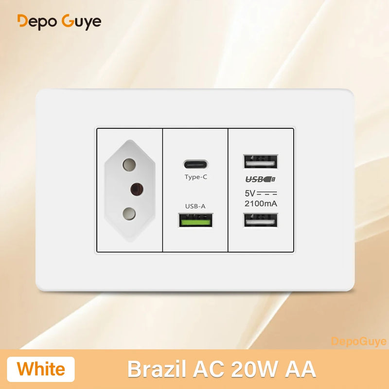 Italy Chile Mexico USB Smart Type-c 20W Fast Charging Wall Outlet plug,Brazil Electric Light Switch Panel Universal usb c Socket
