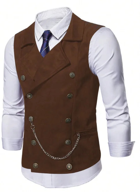 2026 Black Double-breasted Men's Suit Vests, Brown V-neck Sleeveless Vest Jacket, Dark Blue Business Casual Waistcoat.