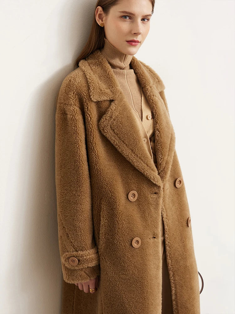 Amii Fur Coat 2026 Winter New Warm Office Lady Turn-Down Collar Full Wool Outerwears Straight Double-breasted Coat 12554013
