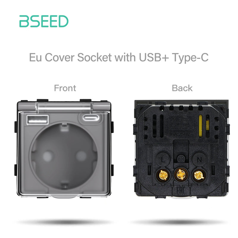 BSEED EU Wall Electric Socket Function Part USB Type-C Port With Plastic Waterpoof Cover 250v 16A DIY Part Only No Frame
