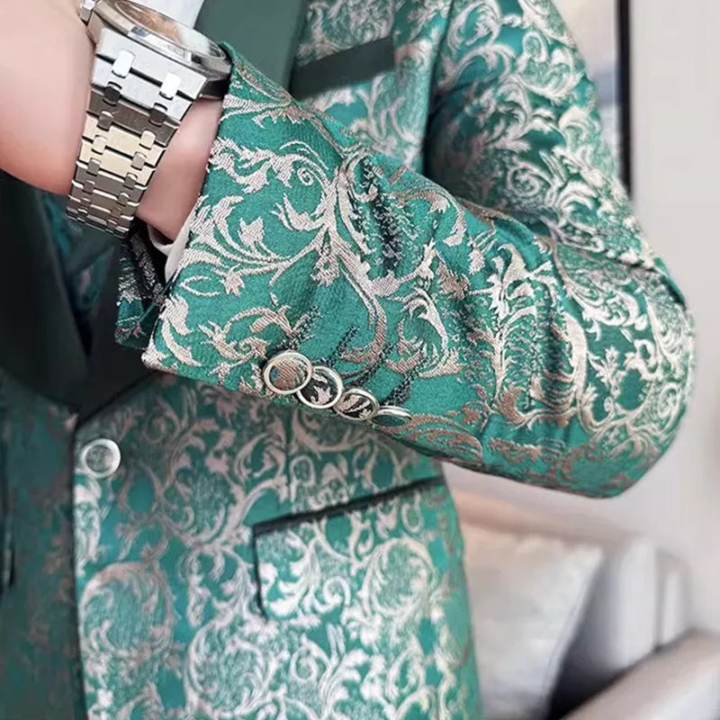 2026 New Men's Apricot Embroidered Suit 3-Piece, Jacquard Fabric Dress Jacket and Vest with Trousers, Branded Clothing