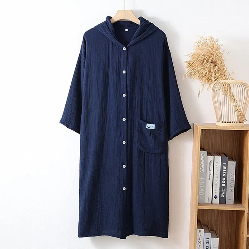 100% Cotton Loose Cardigan Dress Buttons Hooded Long Sleeved Nightgowns Female Home Wear Nightshirt Lounge Women Nightdress