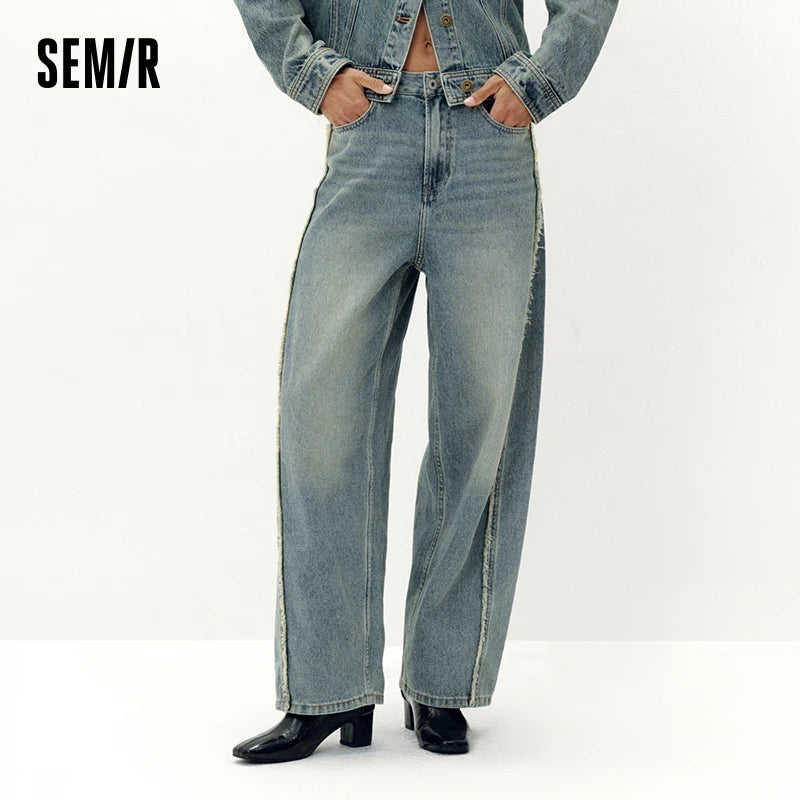 Semir Women Jeans Curved Barrel Loose Washed Street Style Draping Wide Leg 2026 Autumn Fashion Denim Bottoms Daily Wear