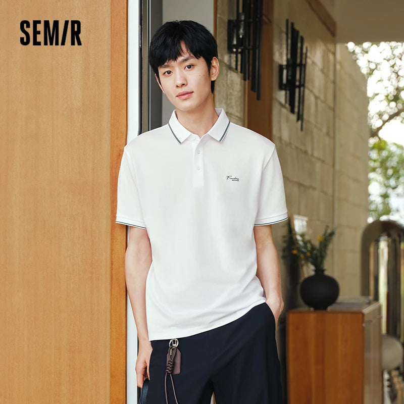 Semir Mens Polo 2026 Color Block Stripe Lapel Cool Feeling Letter Printed Simple Casual Soft