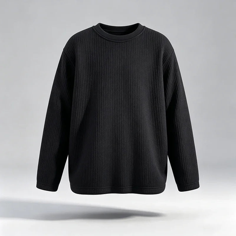 Men Casual Ribbed Texture Long Sleeve T Shirt Round Neck Relaxed Fit Soft Knit Male Daily Wear Top