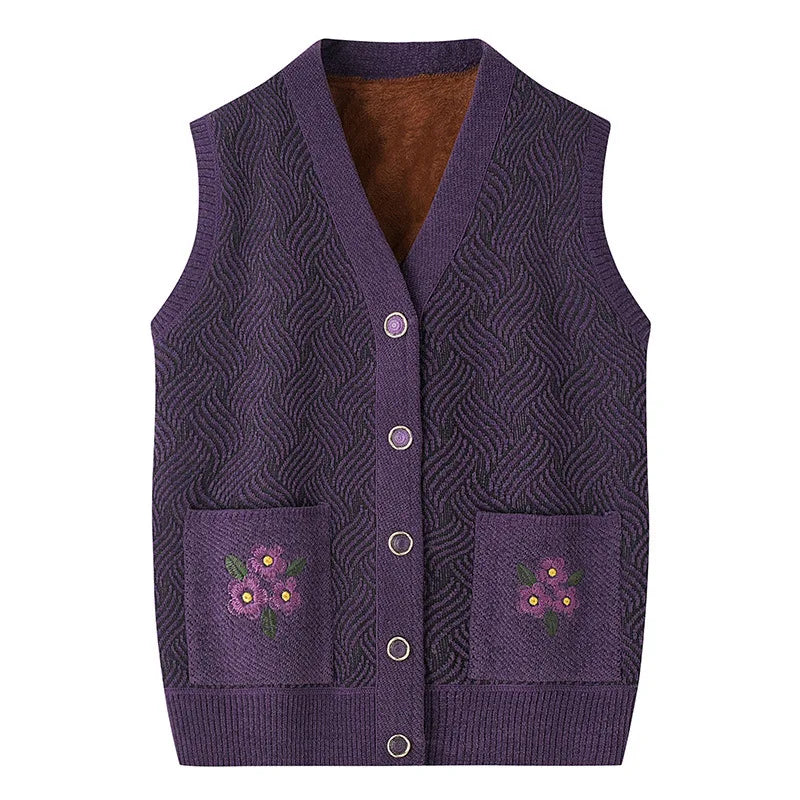 Grandma's Spring Autumn Warm Knit Jacket Middle Aged Mother Camisole Sweater Embroidered V-neck Cardigan Vest For Women XL-5XL